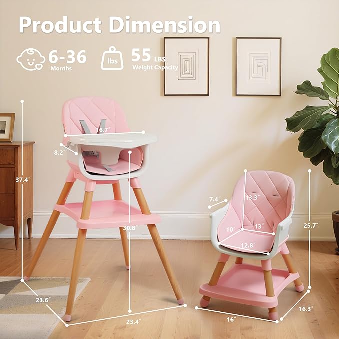 Kinder King 7 in 1 Baby High Chair for Babies and Toddlers with Large Storage Footrest, Booster Seat, Convertible Wooden High Chair with 3-Depth Double Dishwasher Safe Tray, 5 Point Harness, Pink