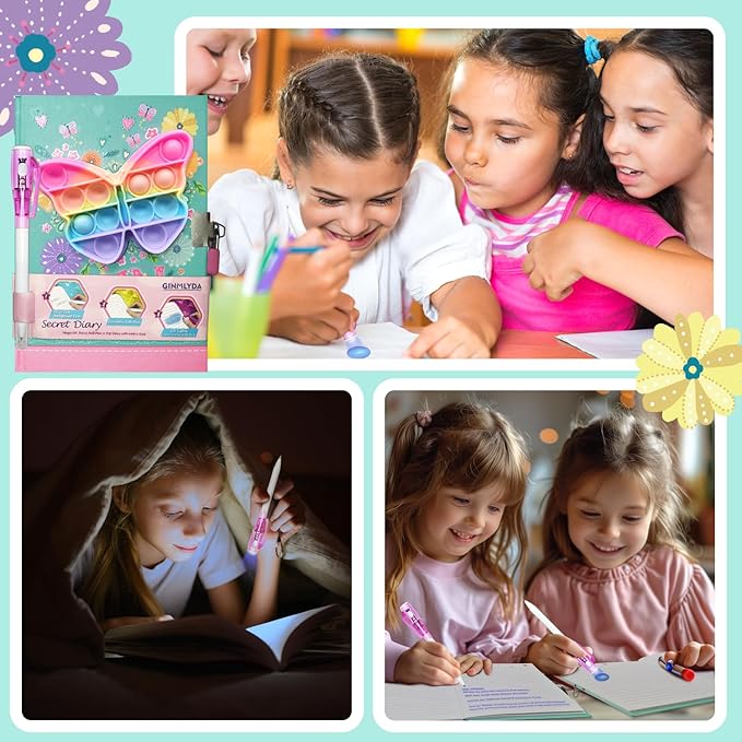 Pop Girls Diary with Lock and Invisible Ink Double-end Pen, 7.5x5.4 Inch 160 Lined Page Fidget Butterfly Girl Journal for Kids Secret Notebook Pen Set Birthday Gifts for Girls 5 6 7 8 9 10 Years Old