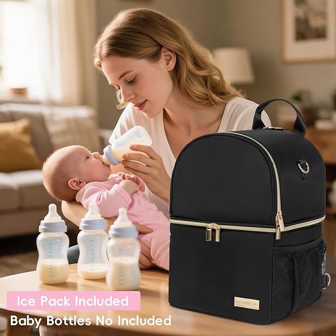 Breastmilk Cooler Travel Bag – 2-in-1 Pump & Bottle Compartments | Insulated for 8 Hours with 2 Gel Ice Packs | Waterproof, Fits 9oz Bottles | Convertible Backpack & Shoulder Bag