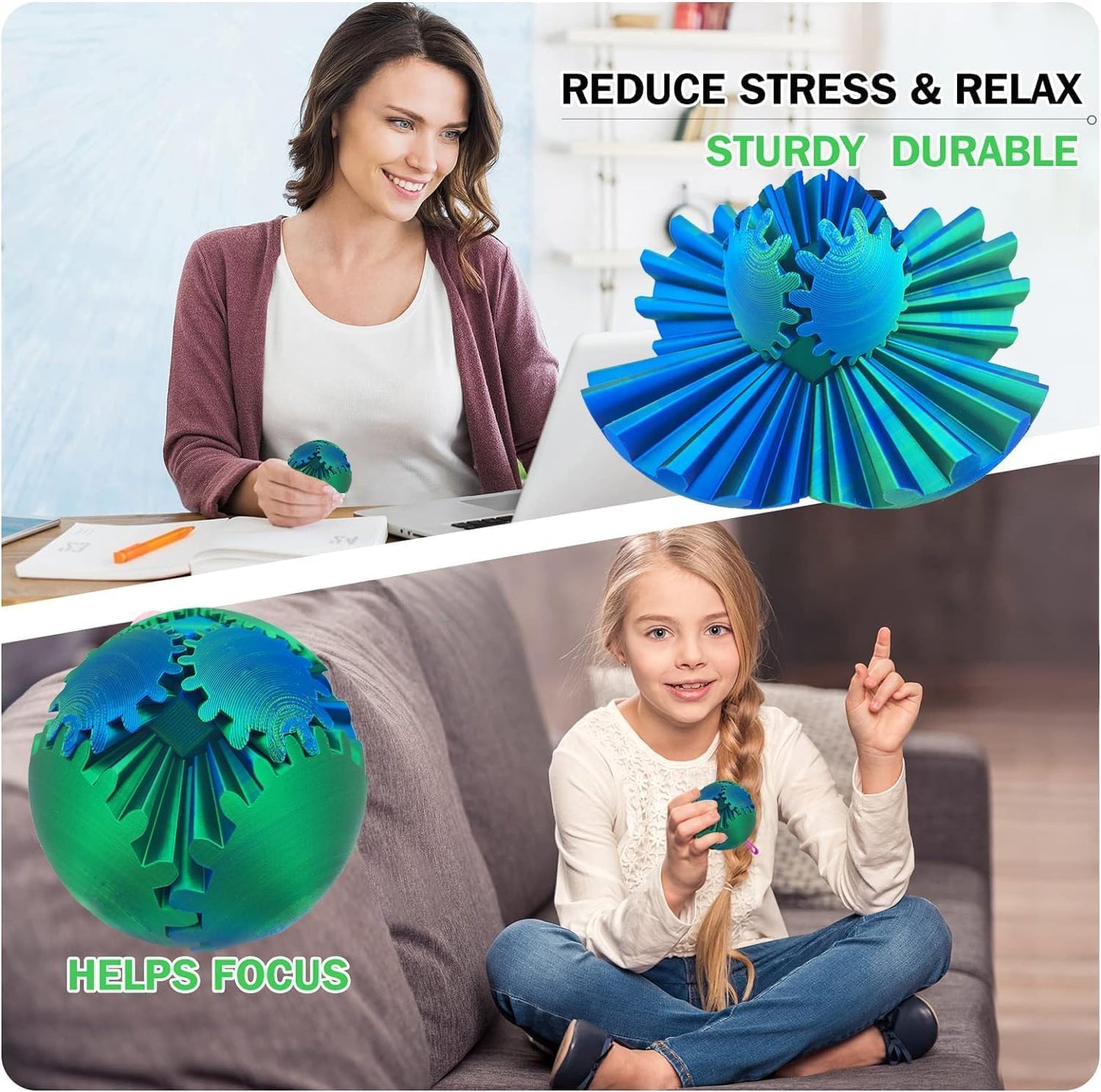 Gear Ball 3D Printed Gear Ball Spin Ball OR Cube Fidget Toy - Perfect for Stress and Anxiety Relaxing Fidget Toy, Desk Toy - Ideal for Sensory Needs and Autism (Blue Green)