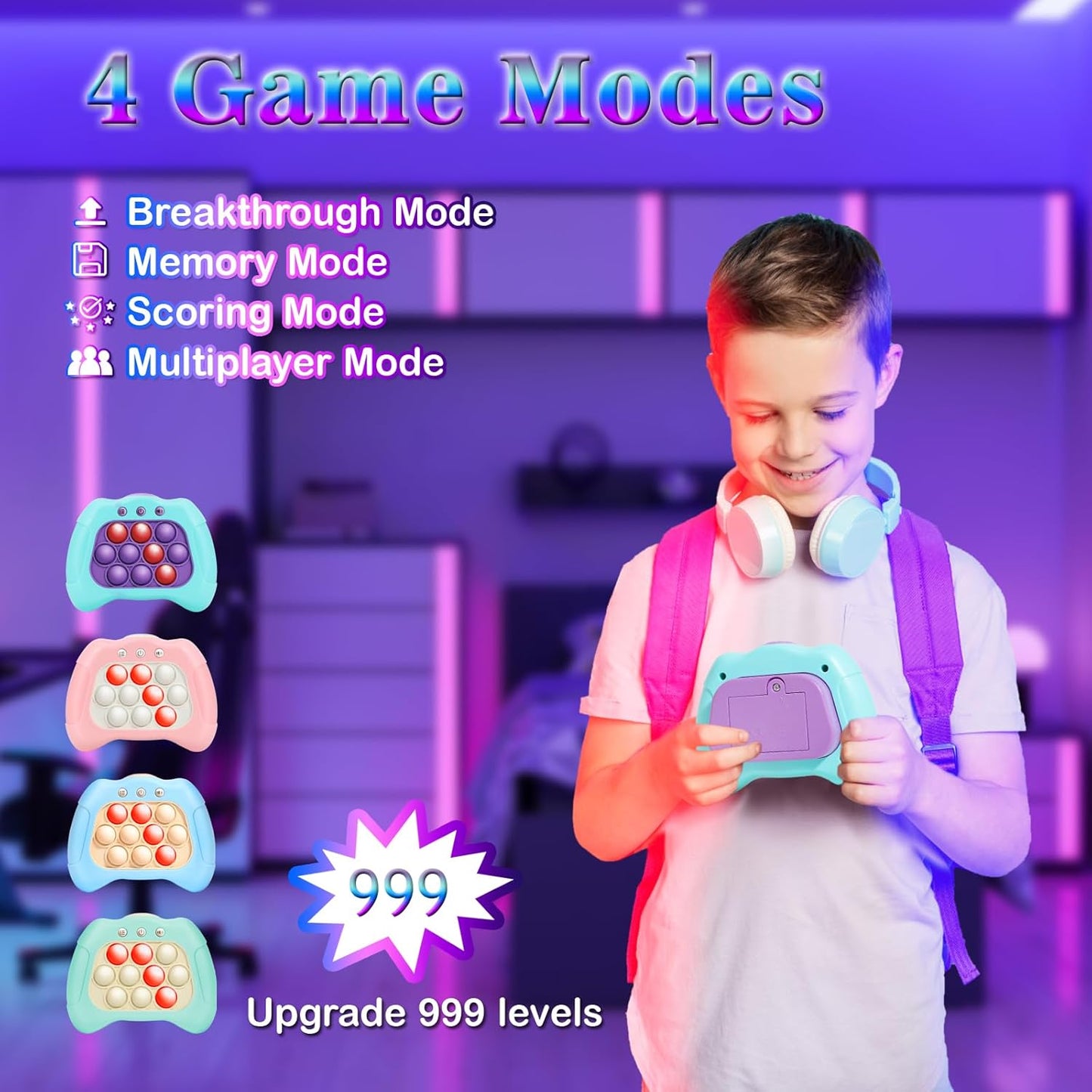 Fast Push Machine Light Up Fidget Toys for Kids Adults, Handheld Game for Kids 3-12, Quick Push Bubble Stress Toy, Sensory Toys Travel Games, Xmas Birthday Gifts for Boys Girls (Blue)