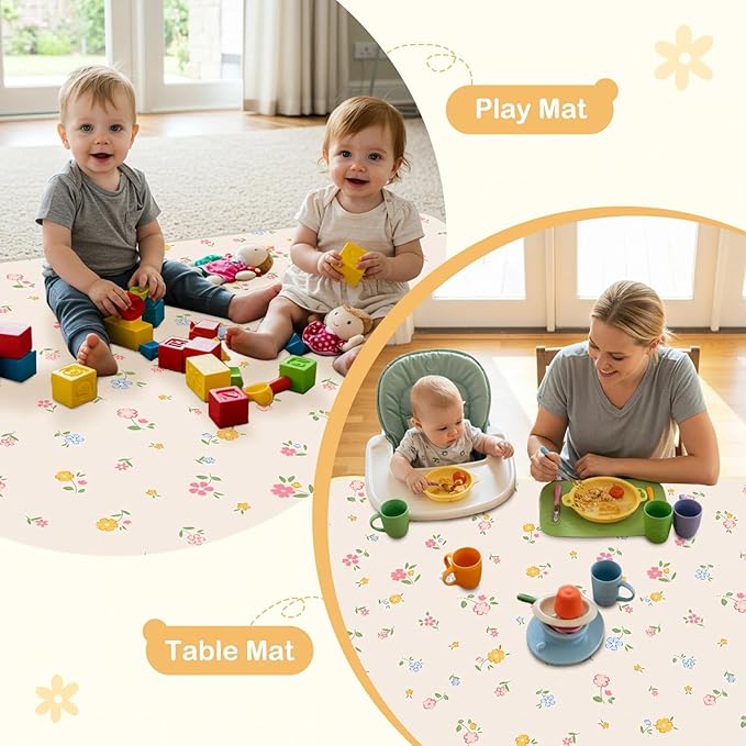 Splat Mat for Under High Chair 42 x 42 Inch Waterproof Baby Splash Mat with Non Slip Bottom Reusable Portable Highchair Mat for Floor Food Catcher for High Chair, Yellow Pink Floral