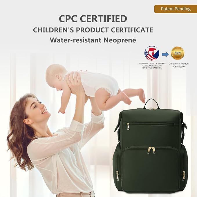 CEI-CEI Neoprene Diaper Bag Backpack with Insulated Pockets, Large Newborn Baby Maternity Bags Travel Tote with Changing Pad (Army Green)