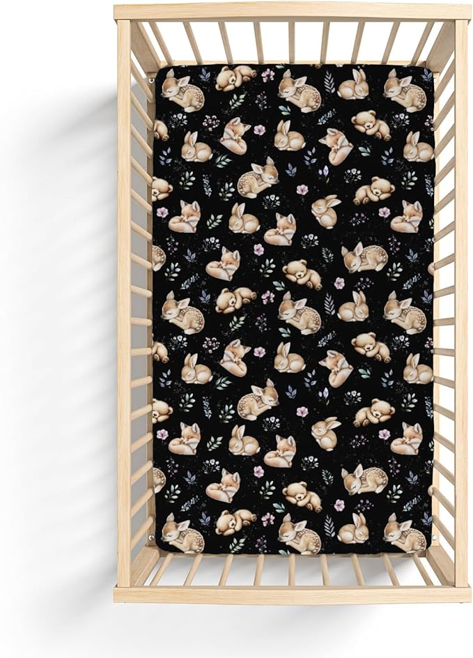 Sleeping Spring Animals Baby Crib Sheets Boy Girl 28"x52" Bear Deer Bunny Floral Leaves Soft Snug Fitted Crib Mattress Cover Cute Animals Baby Sheet for Standard Crib & Toddler Mattress