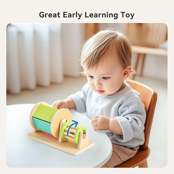 2-in-1 Montessori Baby Toys | Wooden Spinning Drum & Rolling Rattle Combo for 3 6 12 Months | Sensory Development Toys with Mirror, Bells & Tummy Time Play | ASTM Certified Gift (Girl/Boy)