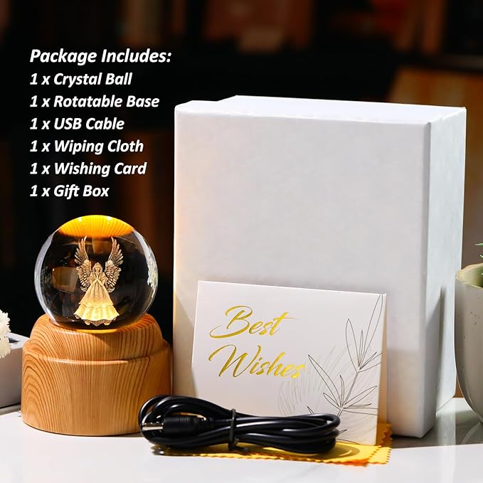 Guardian Angel Gifts 2.36in 3D Engraved Angel Crystal Ball with Rotatable Warm Light Wood Base, Guardian Angel Figurines Memorial Gifts for Women Mom Friends