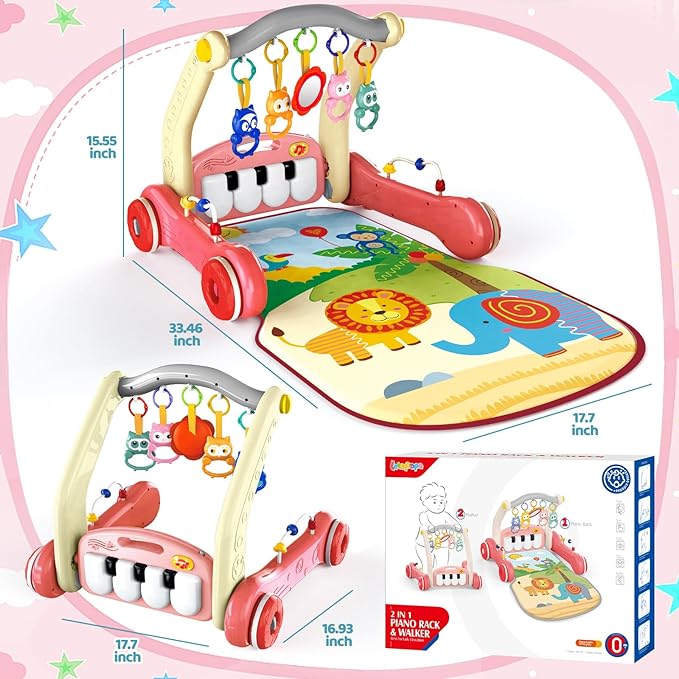2 in 1 Baby Gym Play Mat with Walker, Kick and Play Piano Gym Activity for Boys Girls, Musical Activity Center Tummy Time Mat for 0-3-6-12-18 Months, Learning Walker Play Gym for Infant Girl Gift(RED)