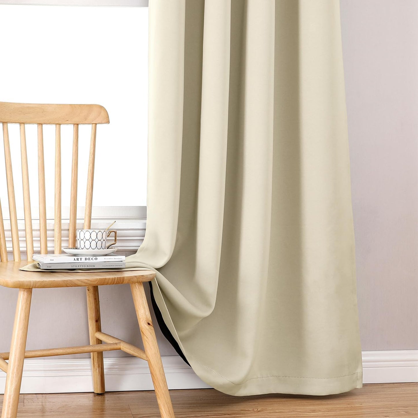 ChrisDowa 100% Blackout Curtains 84 inch Long for Bedroom with Black Liner, Extra Wide 2 Thick Layers Total Blackout Thermal Insulated Grommet Window Curtains 2 Panels Set (Light Beige, 60 x 84 Inch)