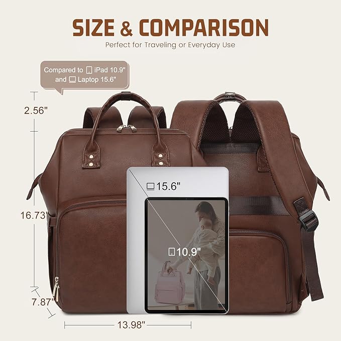Premium Vegan Leather Diaper Bag Backpack with Waterproof Changing Pad – Reinforced Stitching & Zippers, Baby Bag for Boy Girl, Stroller Straps, Fits 15.6" Laptop for Work Moms, Dark Brown
