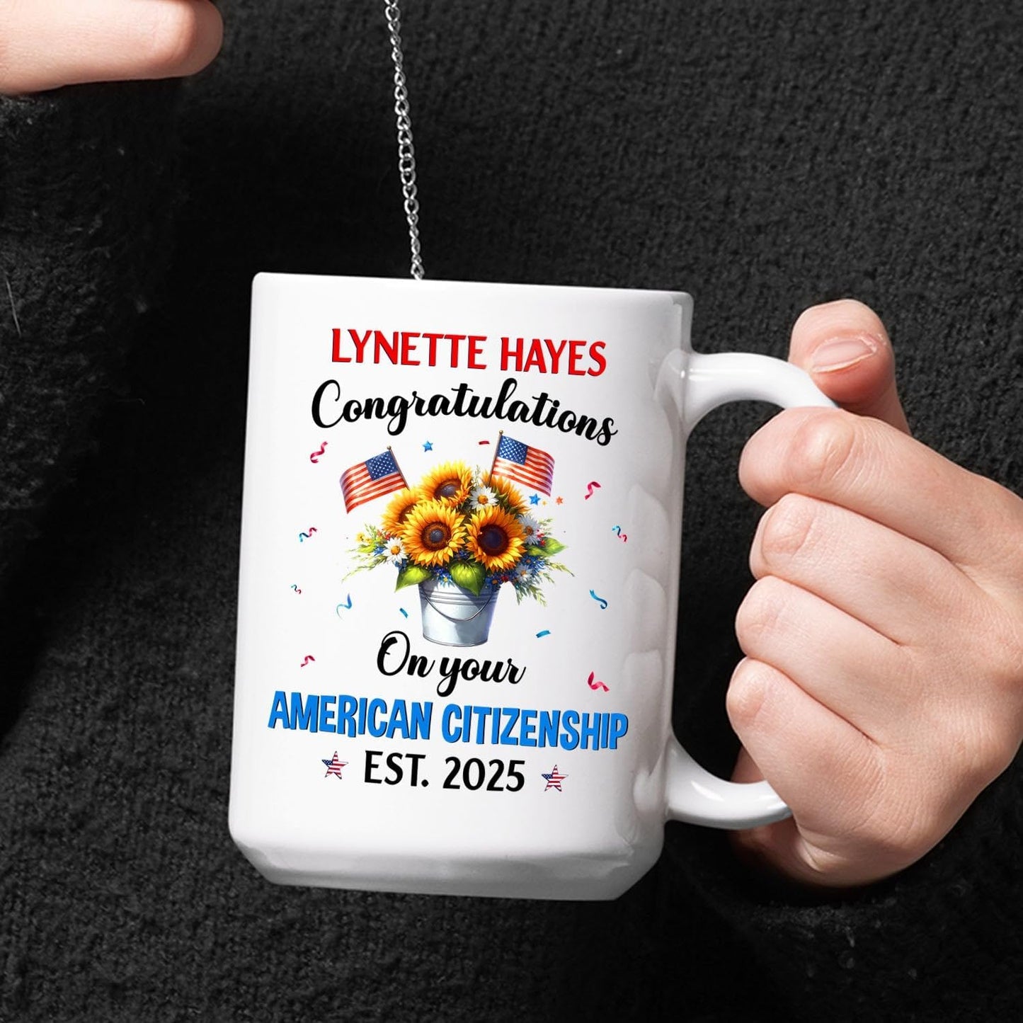 Congratulations On Your American Citizenship Coffee Mug, Custom Year/Name Sunflower & USA Flag Cup Gift For New US Citizen, Citizenship Celebration Coffee Cup 11 15Oz, Personalized US Citizen Mug