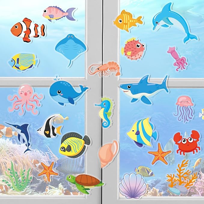MARFOREVER 50 PCS Sea Animal Window Clings, Ocean Thick Gel Clings Stickers Removable Reusable Jelly Stickers Underwater Fish Shark Turtles Decals for Classroom Nursery Airplane Car Plane Decorations