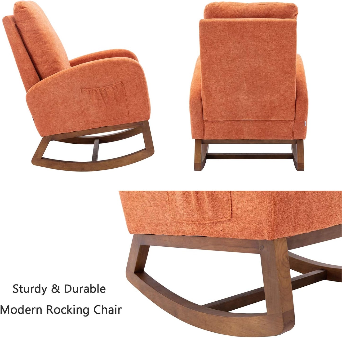 Dolonm Rocking Chair Mid-Century Modern Nursery Rocking Armchair Upholstered Tall Back Accent Glider Rocker for Living Room (Orange)