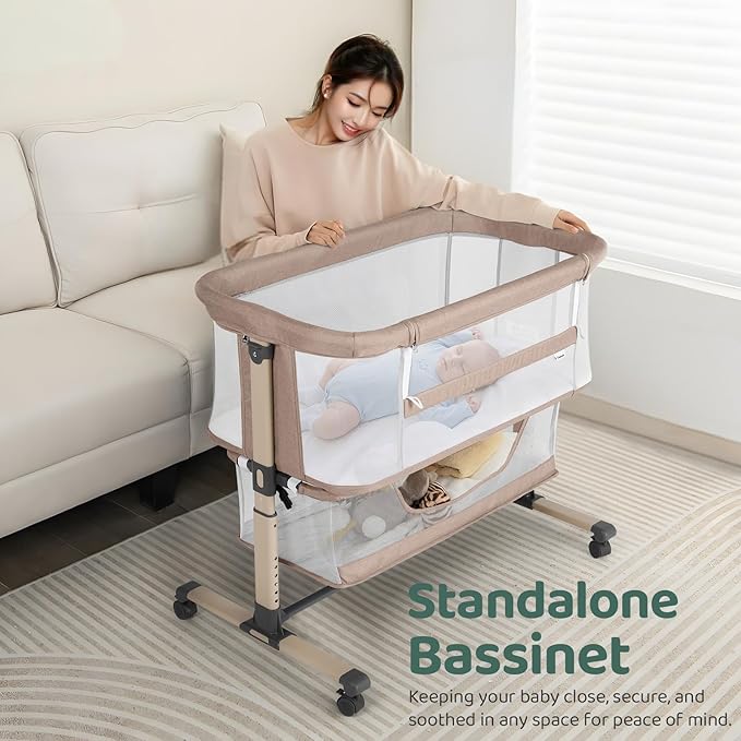 Cowiewie Bassinet Bedside Sleeper, Portable, Breathable, Adjustable Baby Bedside Bassinet for Peaceful Nights, Beige