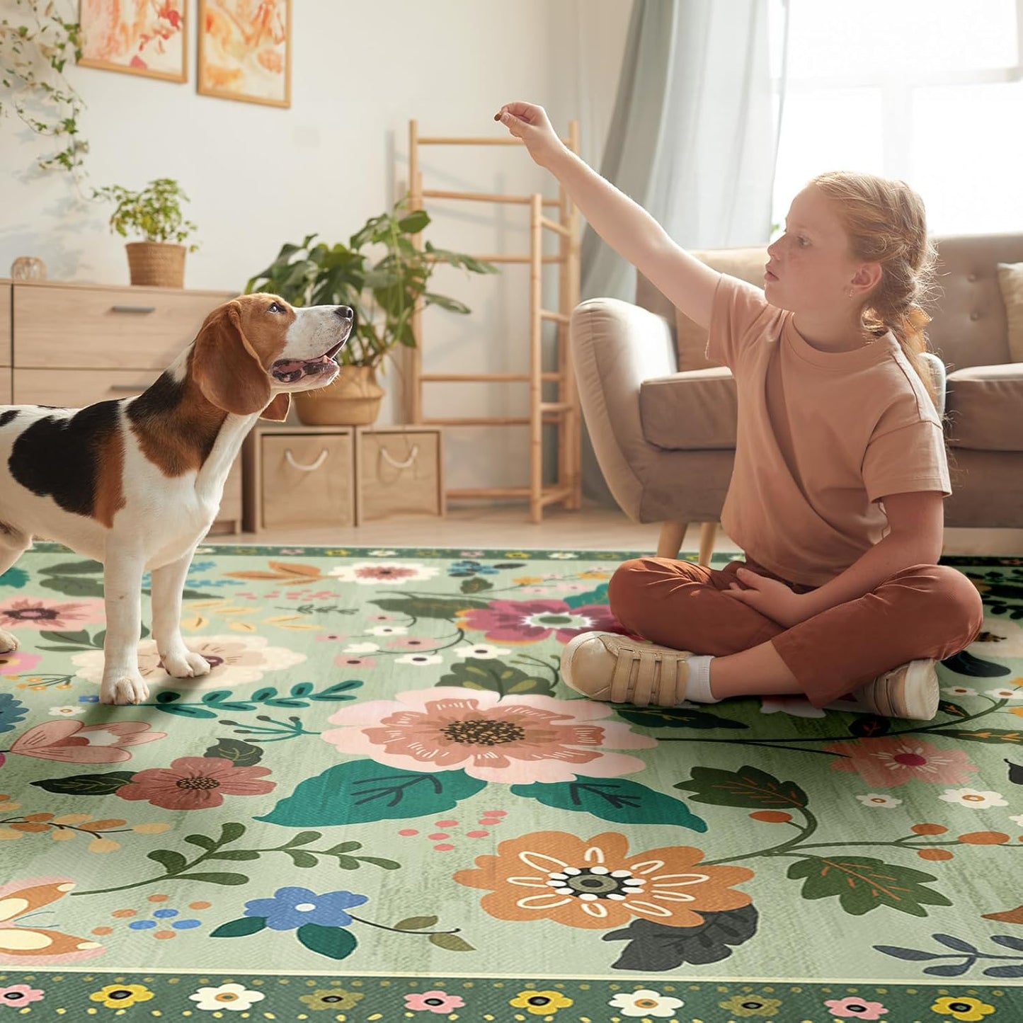 Floral 4x6 Area Rug Machine Washable Soft Print Boho Carpet Non Slip Doormat Low Pile Flower Area Rugs for Living Room Bedroom Nursery Kitchen Dining Room Indoor-Light Green