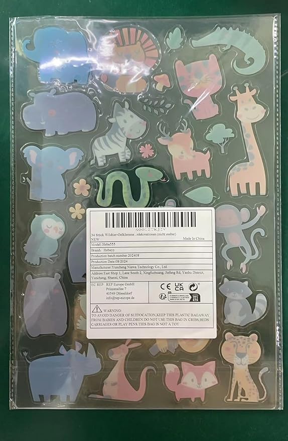 34PCS Wild Animal Jelly Stickers, Thick Window Door Clings Removable Reusable Gel Clings Decals for Kids Toddlers Adults Home Classroom Nursery Animal Theme Party Supplies Decorations (Not Edible)