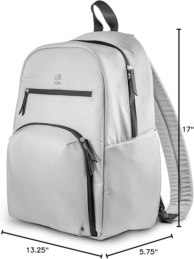 JJB by JuJuBe - New Deluxe Diaper Bag Backpack with Portable Changing Pad, Stroller Straps, Large Travel Backpack for Boy or Girl, Carrying Baby Bottles, Diapers, Pacifiers, Grey, Mother's Day Gift