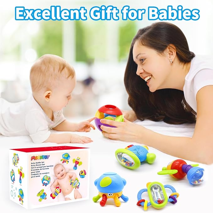 MOONTOY 7pcs Baby Rattles Toy Set, Baby Toys 0-6 Months Infant Toys 6-12 Months Teethers for Babies 3-6 Months Easter Basket Stuffers, Sensory Teething Toys 0 1 2 3 4 5 6 Month Newborn Boy Girl Gifts