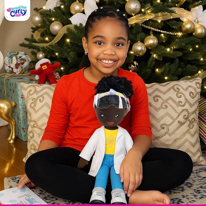(Binta) Black Plush Doll – 14″ Soft African American Plush Rag Doll for Girls 3+ – Washable, Removable Lab Coat & Goggles – Inspires Confidence, STEM Learning & Representation – Gift Toy for Kids