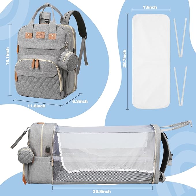 Diaper Bag Backpack, Large Diaper Bag with Changing Station, Baby Bag, New Mom Gifts, Lightweight Waterproof Unisex Diaper Bag with Insulated Pockets and USB Charging Port, Grey