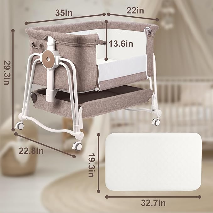 4 in 1 Baby Bassinet Bedside Sleeper, Rocking Baby Crib with Lockable Wheels, Storage, Mosquito Net and Matress Included, 7 Level Adjustable Bedside Bassinet for Baby Newborn(Khaki)
