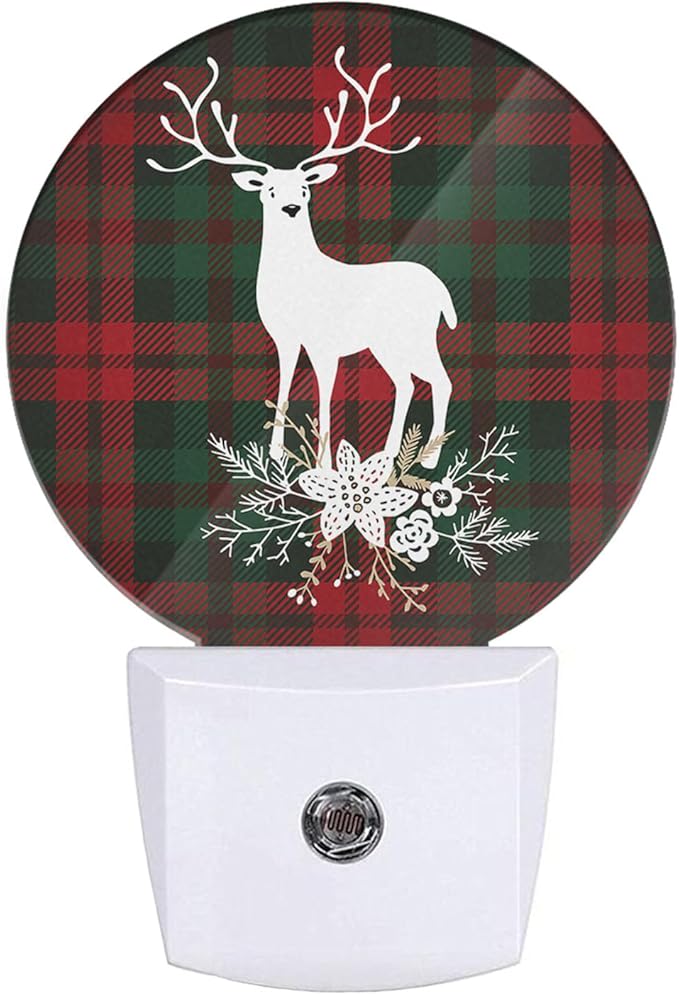 Tartan Checkered Plaid Nightlights Plug-in Reindeer with Christmas Bouquet Floral, Red Green Night Light Auto Dusk-to-Dawn Sensor Lamp for Boys Girls Bedroom Playroom, LEDLAMP3027