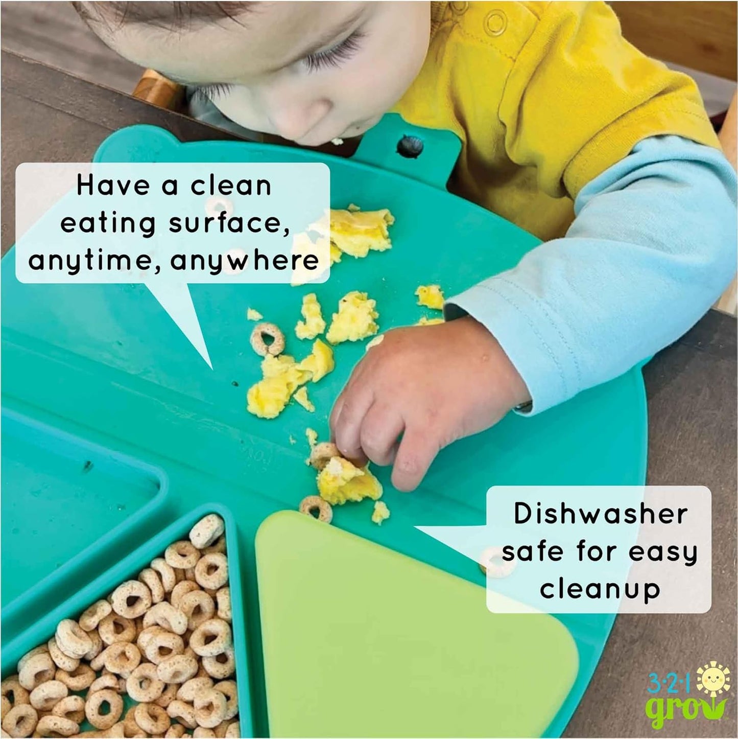 Silicone On-The-Go Snack Mat – Foldable Reusable Placemat with 3 Compartments and Lids – Travel-Friendly Baby and Toddler Snack Plate – Dishwasher Safe (Ocean)