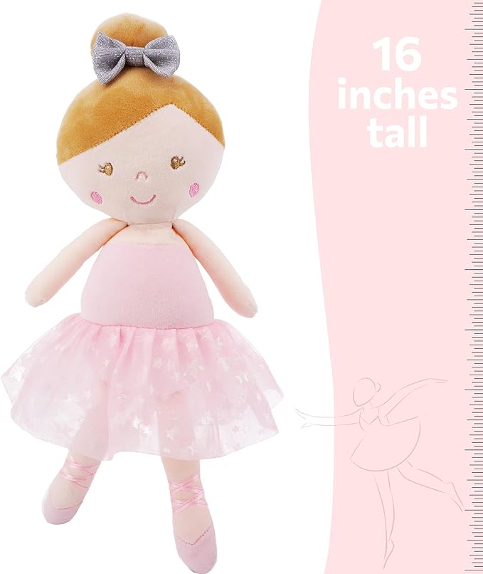 June Garden 16" My First Ballerina Ruby - Soft Plush Baby Doll with Rattle - Pink Outfit
