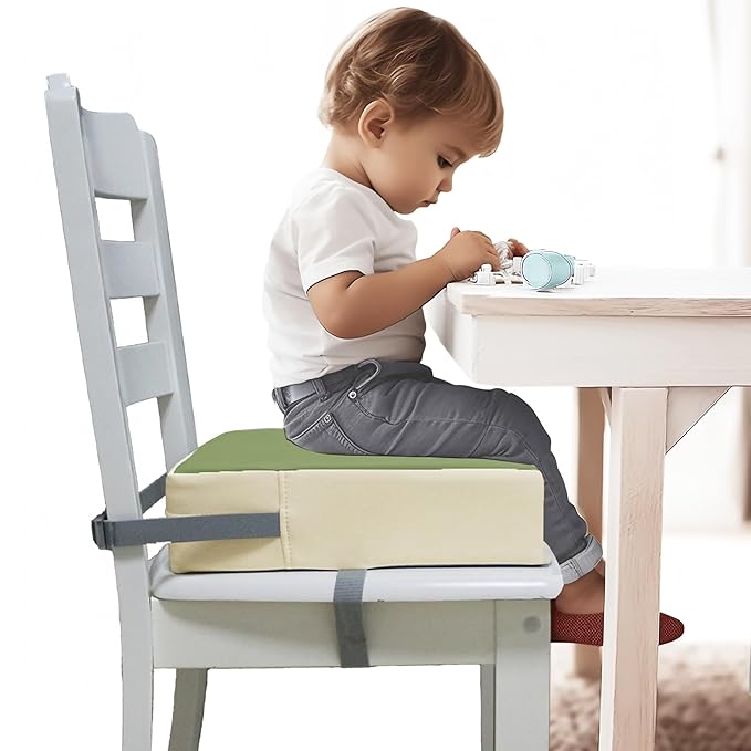 Toddler Booster Seat for Dining Table, 2 Elastic Seat Belts, Anti-Scratch PU Skin-Friendly, Waterproof, Anti-Wrinkle, Detachable Non-Slip Bottom