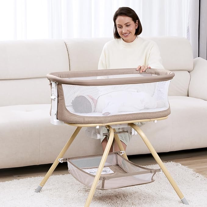 ANGELBLISS 3 in 1 Baby Bassinet, Rocking Bassinets Bedside Sleeper with Calming Motion, Portable Nest for Newborn Infant, Breathable Mesh (Khaki)