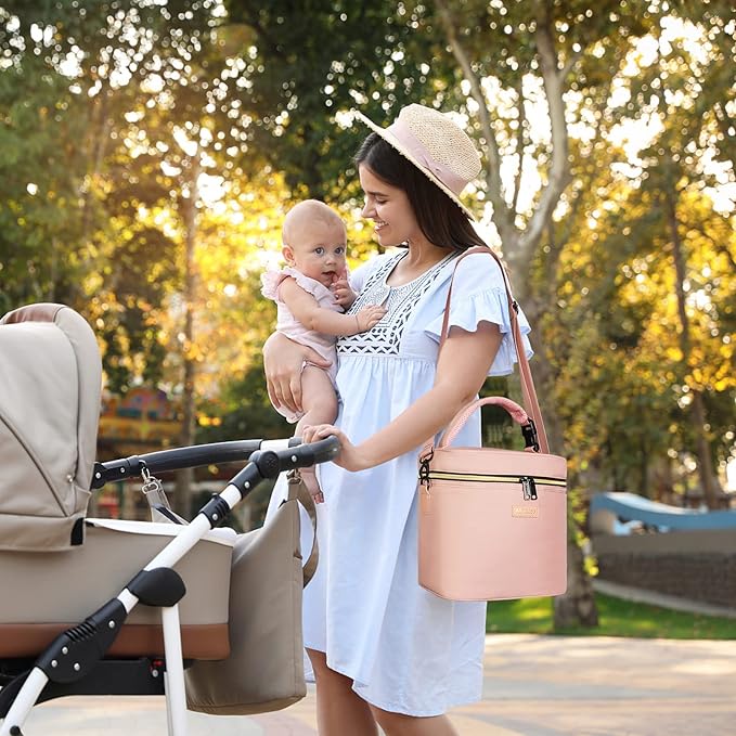 Mancro Breastmilk Cooler Bag Fits 6 Bottles Up to 9 Ounce, Insulated Baby Bottle Bag Comes with ice Pack and Shoulder Strap, Baby Bottle Cooler Bags for Daycare Nursing, Pink