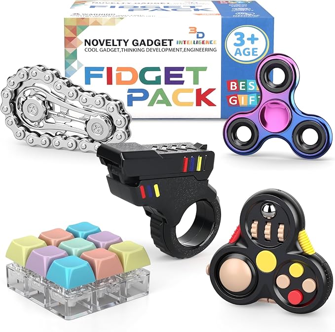 Fidget Toys Set for Adults, Sensory Pack with Fidget Slider, Fidget Cube, Spinner Toy, Keyboard Clicker Toy, Fidget Pad, Stress Relief Desk Gadget for Office, Birthday Gift Set