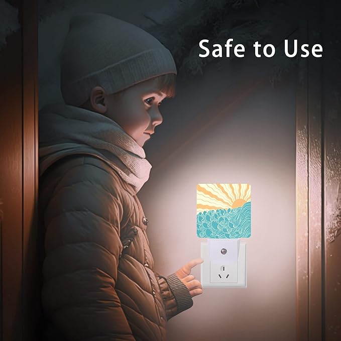 Waves Night Light,Sea Landscape Sun Plug-in Night Lights with Dusk-to-Dawn Sensor for Women/Girls/Boys Gift Sleep Friendly lamp for Bedroom, Bathroom and Living Room,0.5W