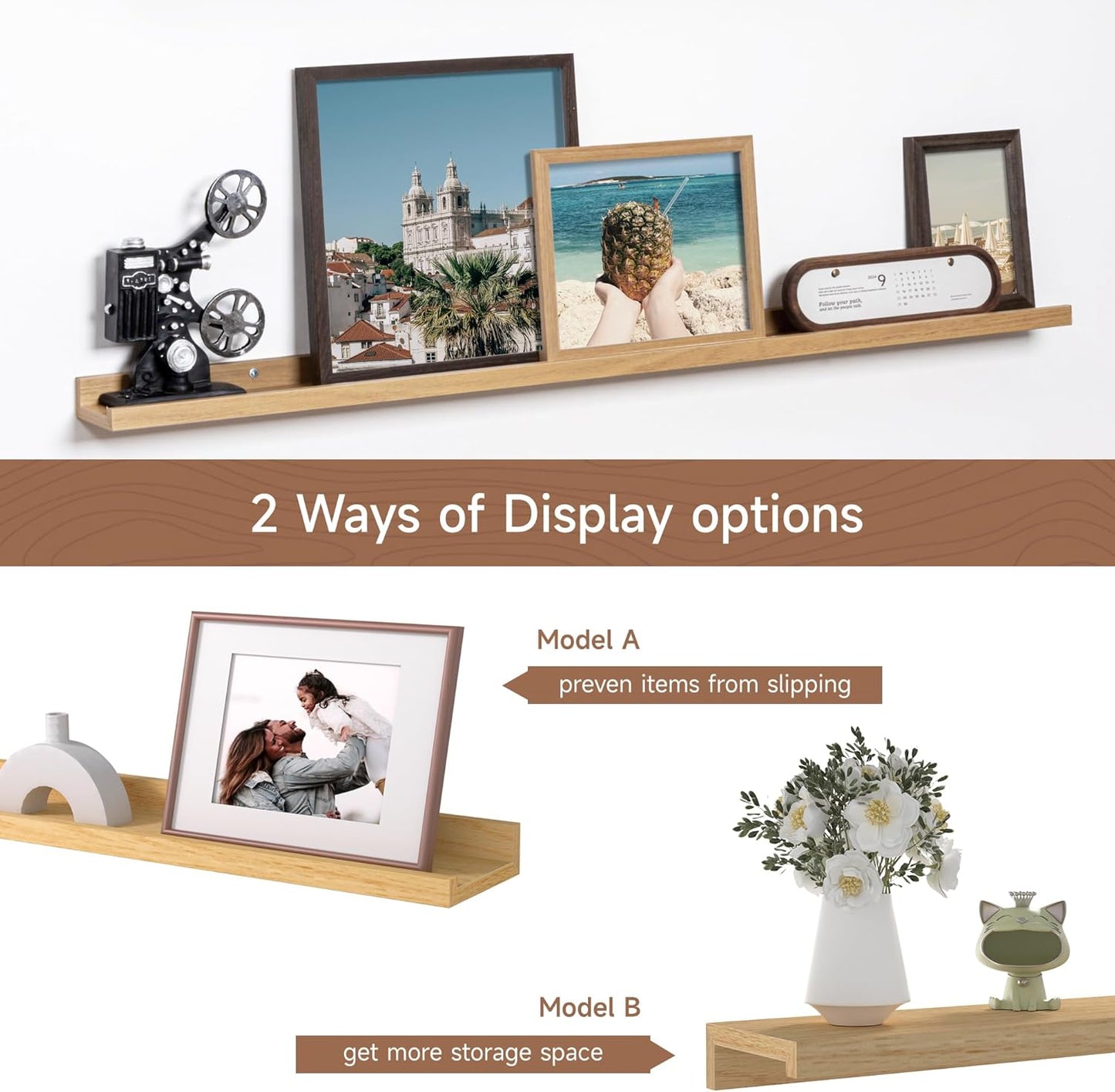 Fun Memories Picture Ledge Shelf, 48 Inch Floating Shelves Set of 2, Large Nursery Book Shelves for Toys Storage, Kids Bookshelf Wall Mounted for Wall Decor Books Photo Frames, Oak