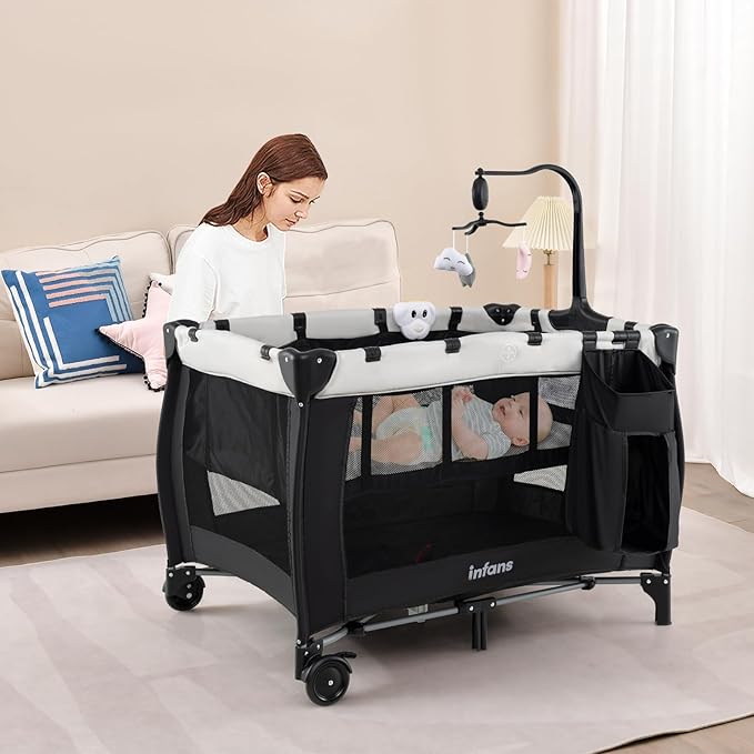 INFANS 3 in 1 Pack and Play, Portable Travel Baby Crib Bassinet with Detachable Mattress, Newborn Changing Table, Foldable Playpen with Carry Bag and 2 Wheels (Morden)