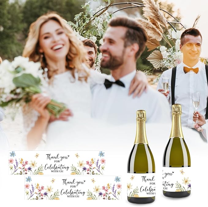 100PCS Wedding Water Bottle Labels Waterproof Greenery Floral Wraps Sticker for Water Bottle Baby Shower Bottle Label for Bridal Shower Party Thanks(Wildflowers)