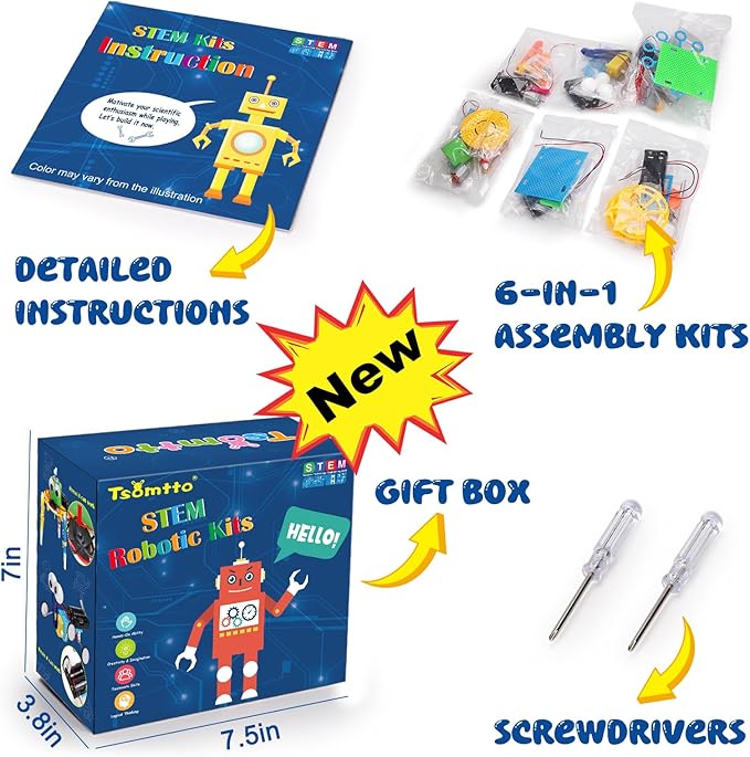 STEM Robotics Kit 6 Set Science Experiments Project Activities Toys for Kids 8-12 Engineering Building Electronic Motor Robot Kid Craft Boy Girl 8 9 10 12 Year Old Gift Summer Outdoor Toy
