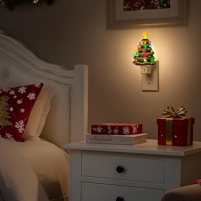 DORESshop Ceramic Christmas Tree Night Light, 3000K Night Lights Plug into Wall, Cute & Funny Christmas Decor Night Light for Kids, Plug in Nightlight with 360° Rotatable, Holiday Party Decor, 2 Pack