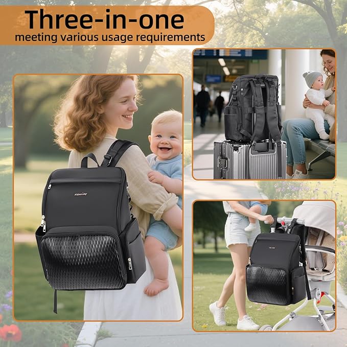 Stylish Baby Diaper Bag, Baby Bag with Changing Pad, Pacifier Case& Stroller Straps, Large Diaper Backpack Boy Girl, Water Resistant Travel Diaper Backpack for Mom Dad
