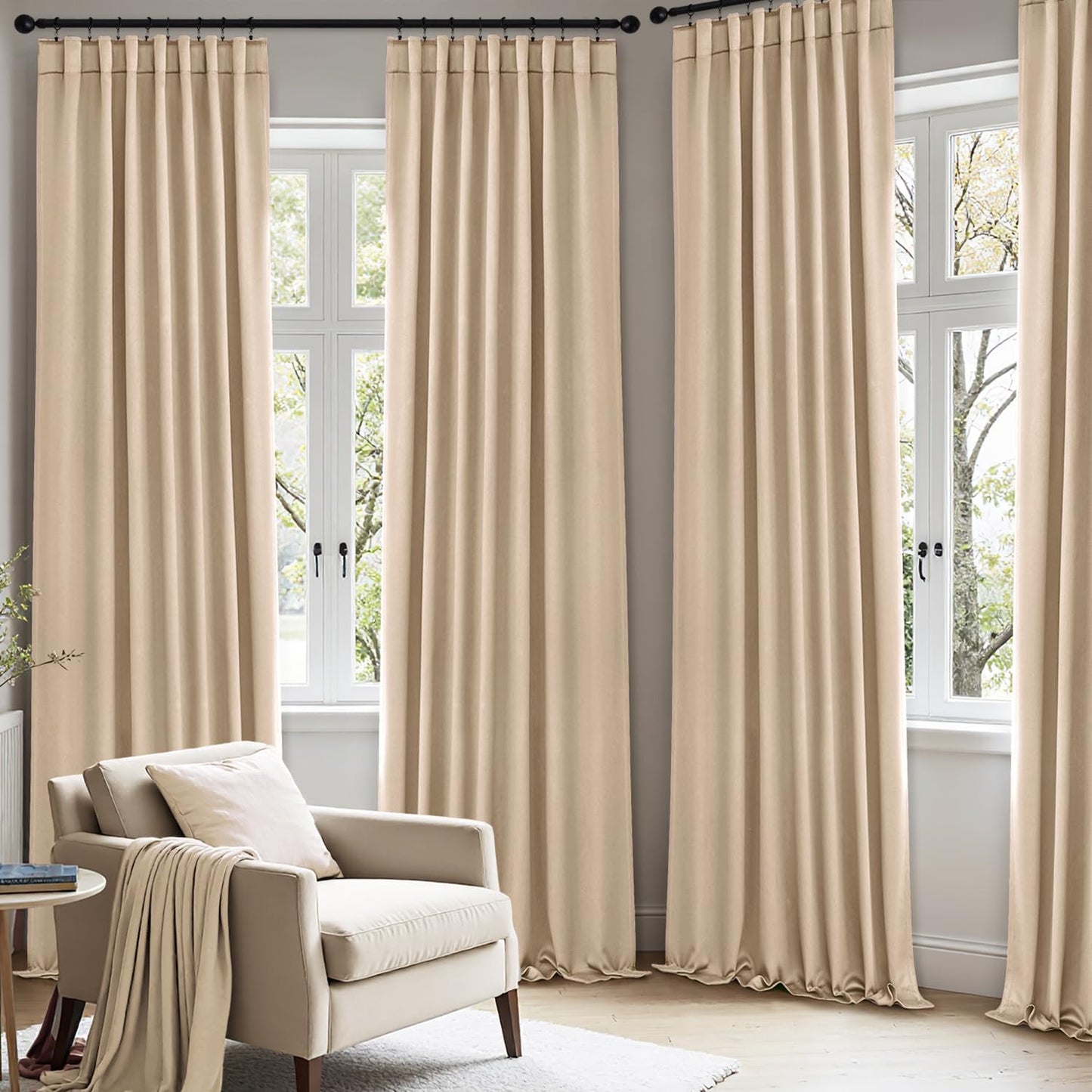 ANRODUO Back Tab Blackout Curtains for Bedroom Living Room, Rod Pocket Pinch Pleated Thermal Insulated Room Darkening Curtains 96 Inches Long 2 Panels, Beige, 42 x 96 Inch