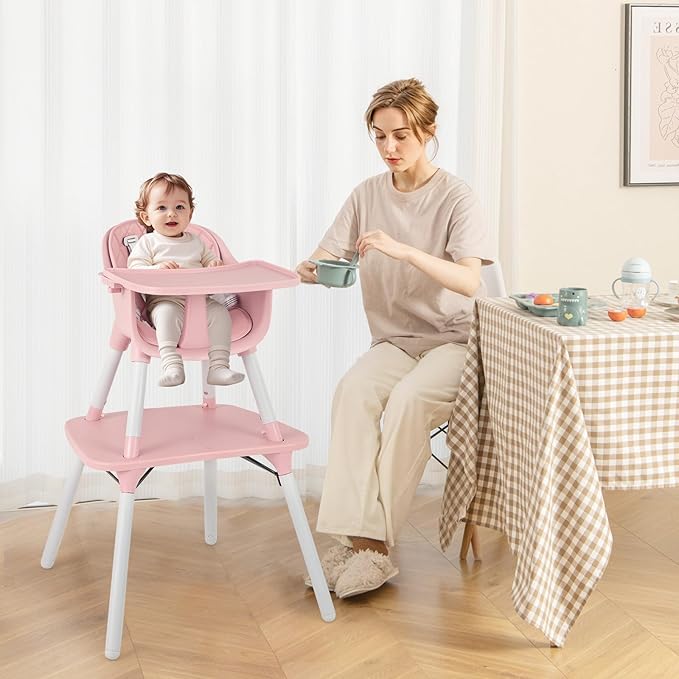 BABY JOY High Chair, 5 in 1 Convertible Highchair for Babies & Toddlers | Booster Seat | Table and Chair Set | Infant Feeding Chair with Removable Tray, Safety Harness, Removable Cushion (Pink)