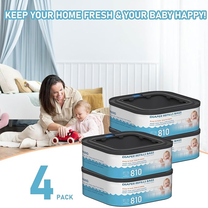 Jumbo Square Refills Disposal Bags Refill Compatible with Diaper Genie Classic, Compact and Select Pails, Hold Up to 810 Newborn-Sized Diapers Per Refill, 4 Packs