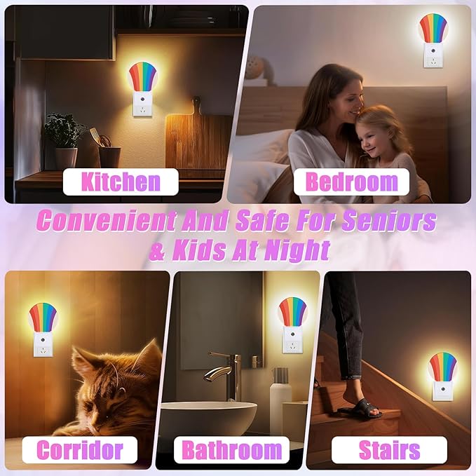 LGBTQ Pride Night Light Colorful Rainbow Night Lights LED Lamp Round Plug into Wall Nightlight with Dusk to Dawn Sensor Home Hallway Stairway Kitchen Decor