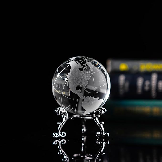 60mm World Globe Crystal Earth Ball Paperweight with Stand Glass Sphere Display Globe Ball Christmas Decor for Home Office Desk