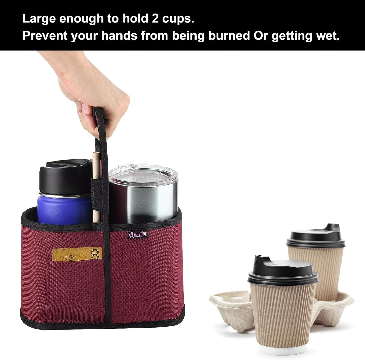 Beautyflier Drink Carrier with Handle for Delivery Reusable Insulated Coffee Cup Carrier Portable 2 Cup Holder with Handle Organizer Tote Bag for Hot & Cold Drinks, Red
