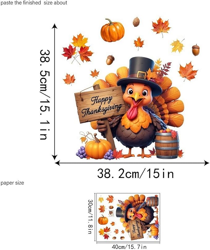 Fall Window Clings for Glass Thanksgiving Static Cling Window Decals 1PCS Turkey Pumpkin Maple Leaves Autumn Reusable Window Stickers Home School Office Decorations