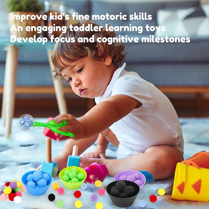 114 PCS Fine Motor Skills Sensory Bin Filler Includes 10 Sorting Bowls, 100 Pom Poms, 2 Tweezers, 2 Scooper Scissors for Kids Early Education, Counting Sorting Training Development