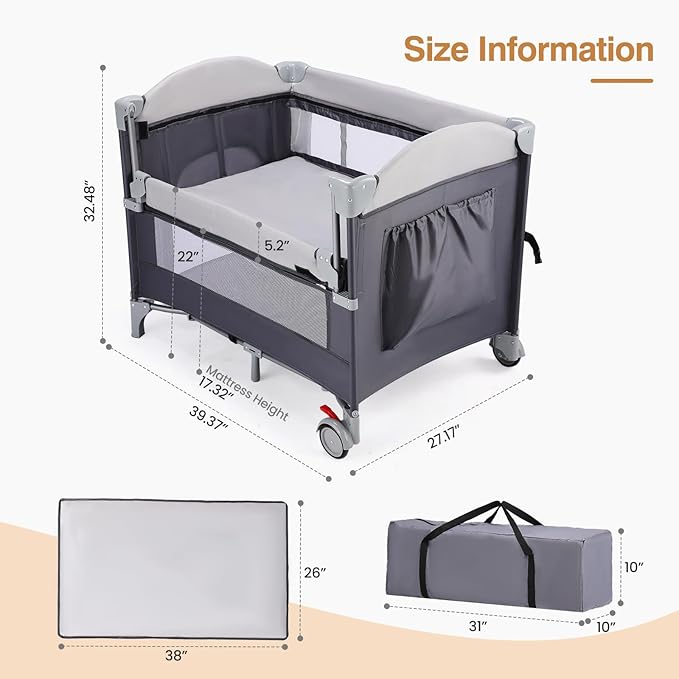 JOYMOR 4 in 1 Pack and Play, Baby Bedside Bassinet, Sturdy Play Yard with Padded Mat and Toy bar with Soft Toys