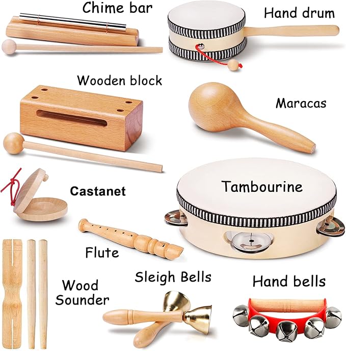 LOOIKOOS Toddler Musical Instruments, Eco Friendly Music Set for Kids Preschool Educational, Natural Wooden Percussion Instruments Musical Toys for Boys and Girls with Storage Bag