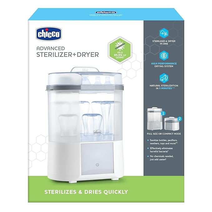 Chicco Advanced Electric Steam Sterilizer & Dryer for Baby Bottles, Feeding Accessories and More | Eliminates 99.9% of Germs | 4 Programming Options | 2 Configurations | Automatic Shut-Off