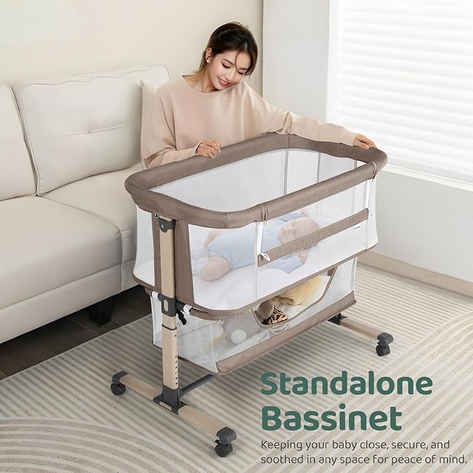 Cowiewie Bassinet Bedside Sleeper, Portable, Breathable, Adjustable Baby Bedside Bassinet for Peaceful Nights, Khaki